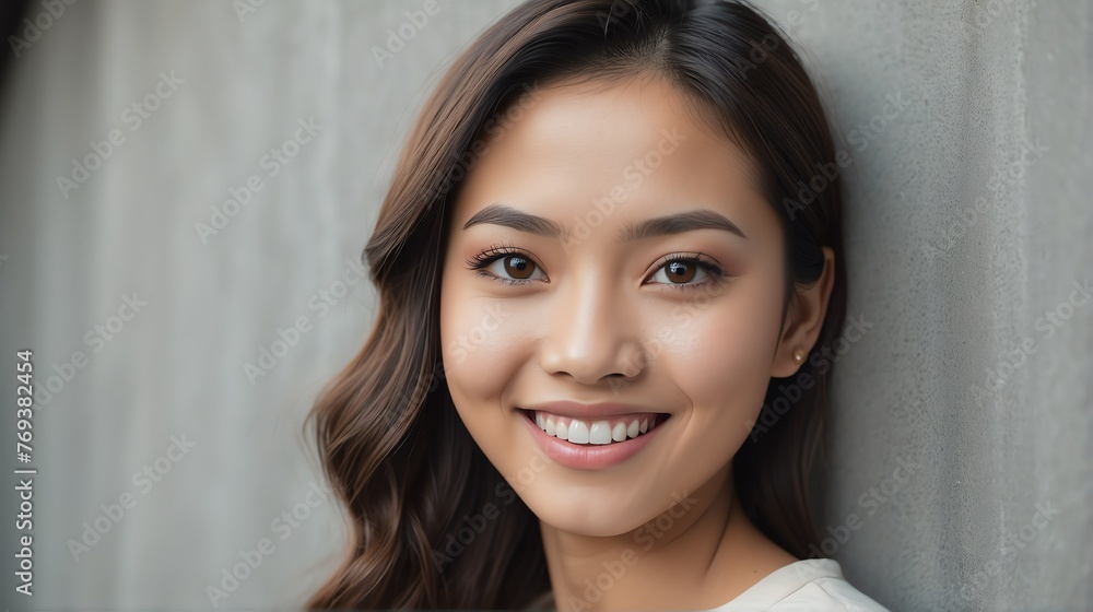 Portrait of young beautiful filipino asian woman smiling happy looking camera with confidence on plain concrete wall background from Generative AI Portrait of young beautiful filipino asian woman smiling happy looking camera with confidence on plain concrete wall background from Generative AI