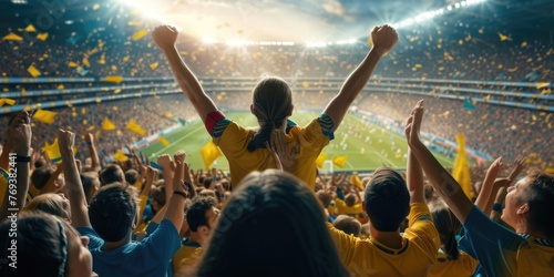 A fan wearing a yellow jersey exhibits a gesture of joy and excitement in a world stadium, enjoying leisure and fun while watching a team sport ball game. AIG41 #769382441