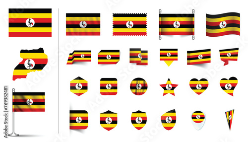 set of Uganda flag, flat Icon set vector illustration. collection of national symbols on various objects and state signs. flag button, waving, 3d rendering symbols Free Download set of Uganda flag, flat Icon set vector illustration. collection of national symbols on various objects and state signs. flag button, waving, 3d rendering symbols - GFXLoad