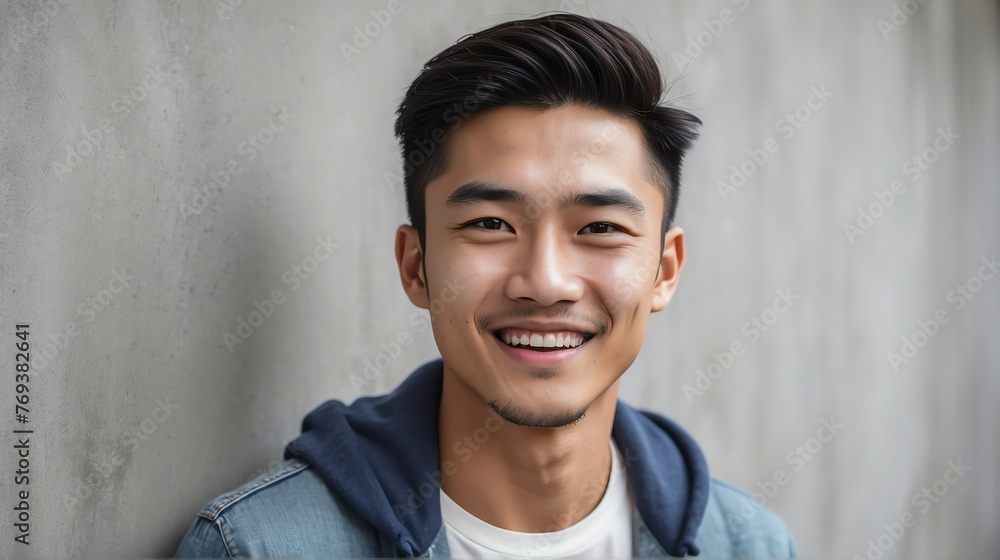 Portrait of young handsome Asian man smiling happy looking camera with confidence on concrete wall background from Generative AI - obrazy, fototapety, plakaty 