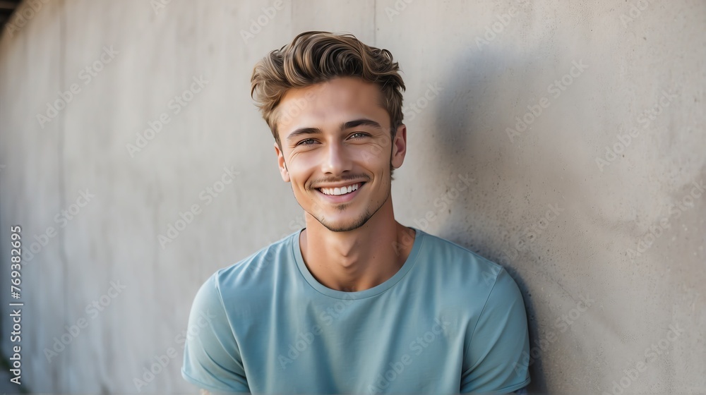 Portrait of young handsome caucasian man smiling happy looking camera with confidence on concrete wall background from Generative AI - obrazy, fototapety, plakaty 