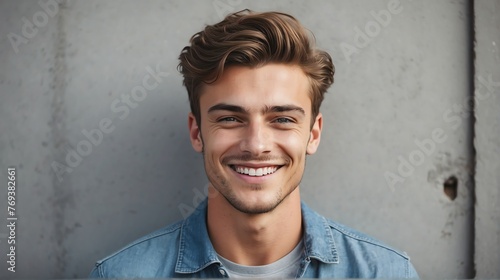 Portrait of young handsome british man smiling happy looking camera with confidence on concrete wall background from Generative AI