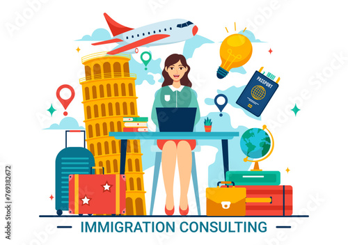 Immigration Consultant Vector Illustration with Counseling Assistance for Provide Advice to People Who Will Make the Move in Flat Background