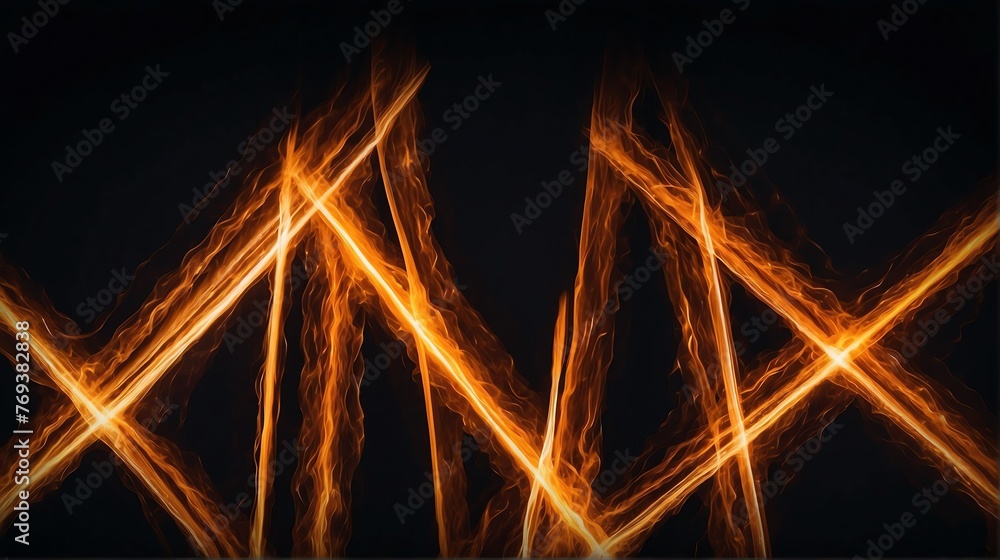 Bright abstract orange zigzag rays lines of lights on plain black background from Generative AI