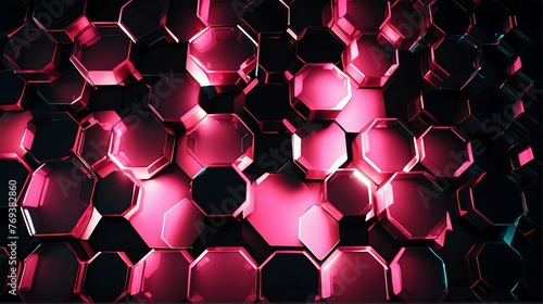 Bright abstract pink hexagon shaped rays lights on plain black background from Generative AI