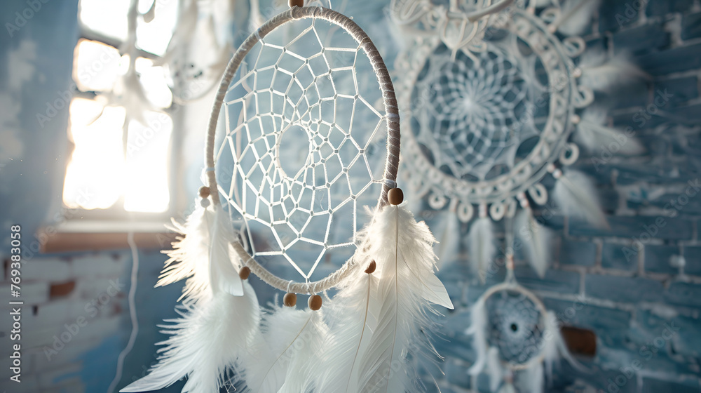 An organism made of wood and twigs, known as a dream catcher, hangs on a transparent glass circle in front of a window, blending art and visual arts , dream catcher hangs
 - obrazy, fototapety, plakaty 