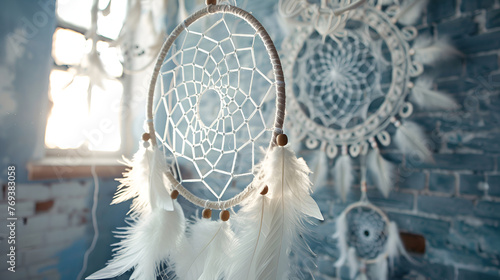 An organism made of wood and twigs, known as a dream catcher, hangs on a transparent glass circle in front of a window, blending art and visual arts , dream catcher hangs
 photo