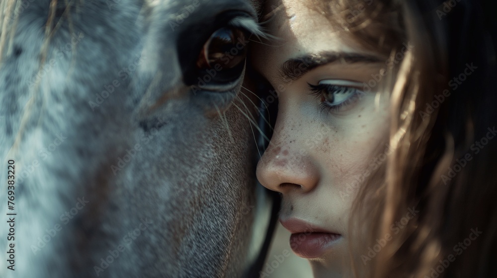 the-little-innocent-girl-leaned-her-bom-against-the-horse-s-muzzle-an