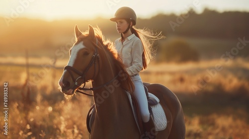 A young beautiful girl with long hair on a horse in a field with tall grass and sunlight. Uniting with nature and animals as a way to maintain mental health
