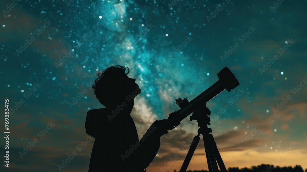 A person is looking through a telescope at the stars. The sky is dark and the stars are shining brightly. The person is silhouetted against the sky, creating a sense of depth and perspective