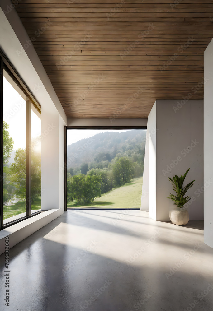Fototapeta premium Modern contemporary empty hall with nature view 3d render overlooking the living room behind. Generative AI.