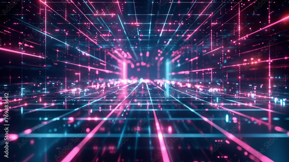 Glowing neon grid: abstract futuristic background with technological geometric patterns - 3d rendering Glowing neon grid: abstract futuristic background with technological geometric patterns - 3d rendering