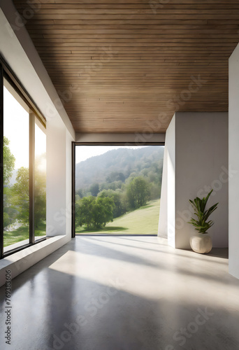 Modern contemporary empty hall with nature view 3d render overlooking the living room behind. Generative AI. © hanifa