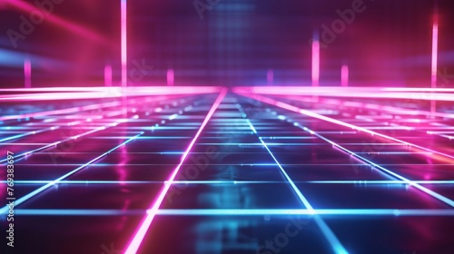 Glowing neon grid: abstract futuristic background with technological geometric patterns - 3d rendering