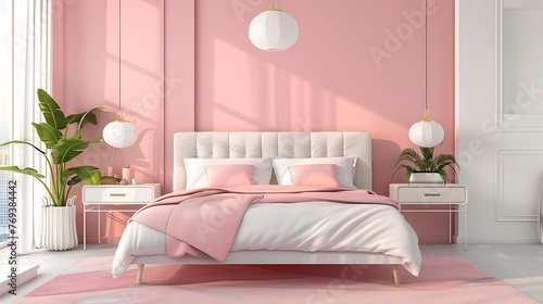 Interior of a modern cozy bedroom with furniture in pastel tones