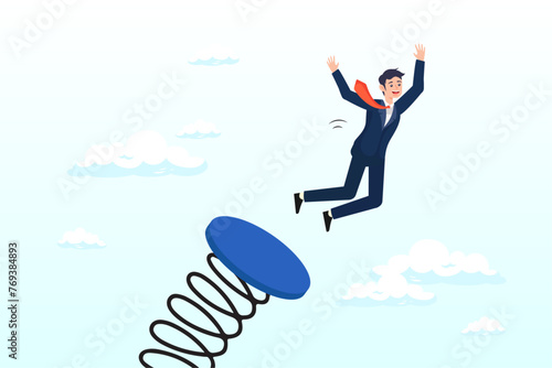 Confidence businessman leader jumping springboard up high in the sky, boost up business growth, improvement, career path or job promote to higher position (Vector)