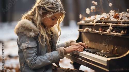 A girl plays the piano in a snow-covered field photo
