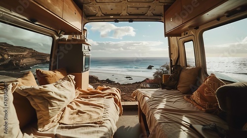 interior of a van parked on a beach with the ocean in the distance life on the road concept nomadic lifestyle Canary Islands photo