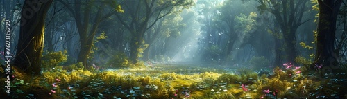 Enchanted forests where the ground blooms with flowers of ancient magic.