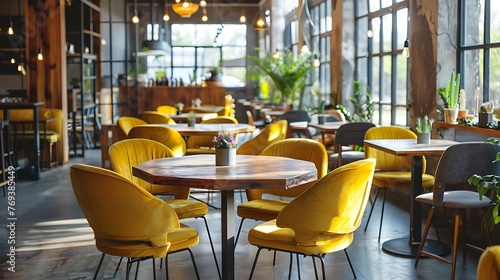 Interior of empty modern cafe or restaurant round tables and yellow chairs in a rustic cafe photo
