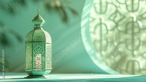 lantern decoration of islamic celebration day with soft green pastel color background