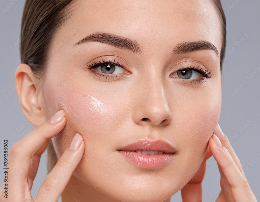 A female head close up, a beautiful woman applies a cream on her face