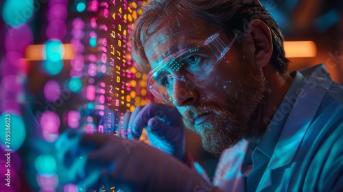 A man in a lab coat and goggles gazes at an electric blue computer screen