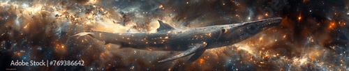 Majestic whale-like spaceship soars through a vibrant cosmic galaxy with stars and nebulae.