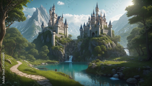 A fantasy world with a castle in the distance colorful background