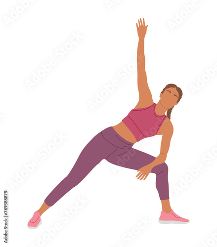 Sportive young woman doing fitness exercises at gym. Healthy lifestyle. Female flat vector character in workout positions isolated on white background.