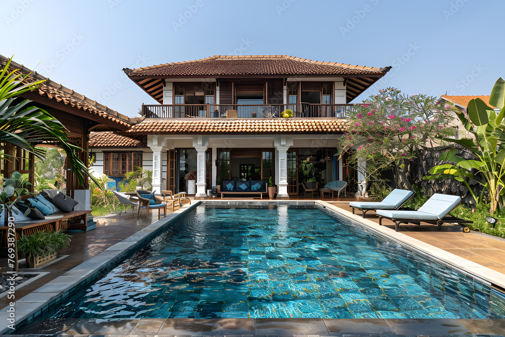 Traditional style villa with a swimming pool in a tropical garden. Real estate and luxury lifestyle concept. Design for property advertisement and holiday brochure with copy space. Outdoor shot