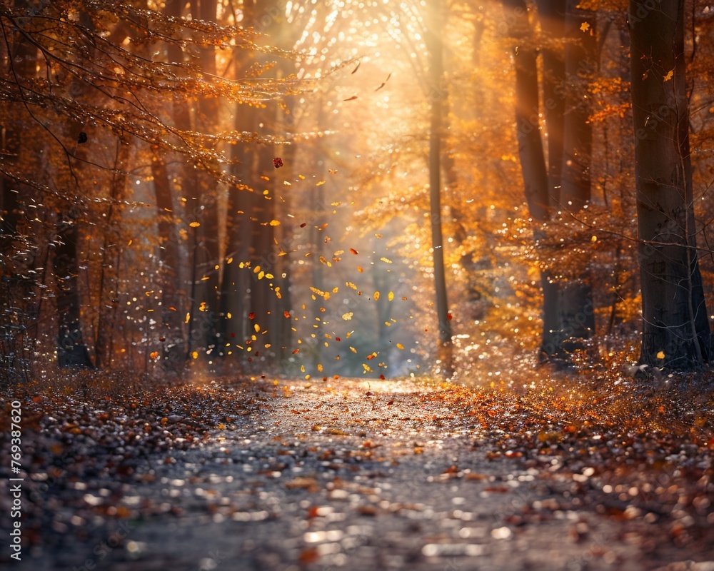 Forest path in autumn, low sun through trees, leaves scattering , clean sharp focus
