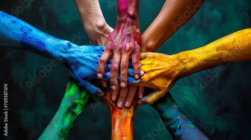 Diversity in unity, multicolor hands together, strong bond , advertise photo