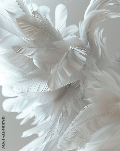 Fluttering white feathers, delicate arrangement, highkey lighting , 3D render