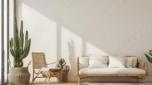 Living Room Interior With Sofa Wicker Armchair Cactus Plant And Coffee Table photo
