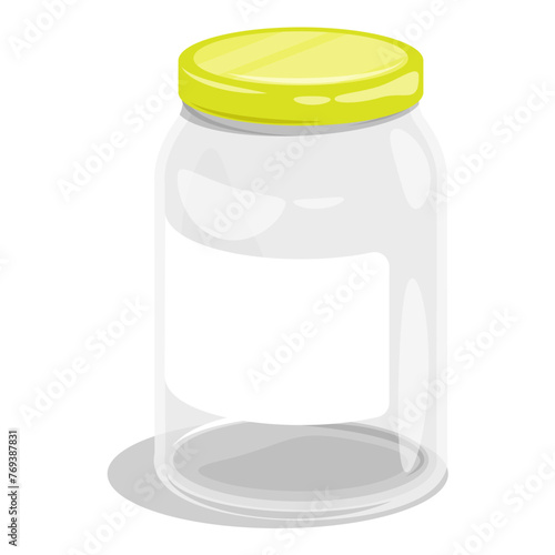 Empty tall glass jar for food canning closed yellow metal lid. Summer harvest and preparation of food stocks for winter. Cartoon vector isolated on white background