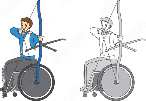 車椅子に乗ってアーチェリーをする男性選手のイラストセット／Illustration set of a male athlete playing archery in a wheelchair