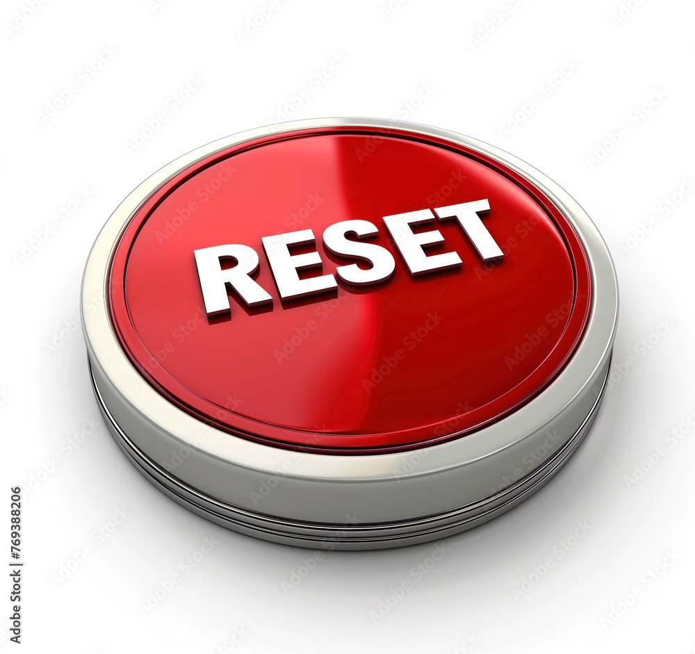 Red reset button with metallic edge. 3D rendering of a vibrant red reset button with metallic trim, highlighted on a white background Red reset button with metallic edge. 3D rendering of a vibrant red reset button with metallic trim, highlighted on a white background