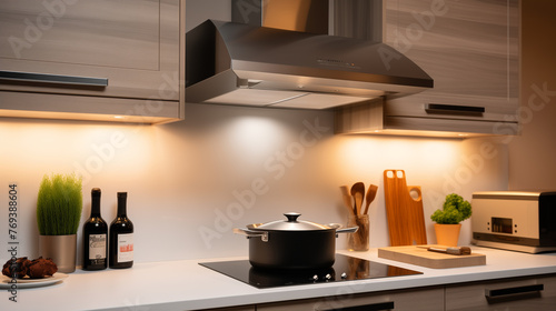 Modern kitchen interior with induction hob cooker hood and kitchen utensils on the countertop