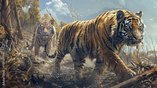 A pair of tigers prowling through a deforested landscape, their once majestic stripes 