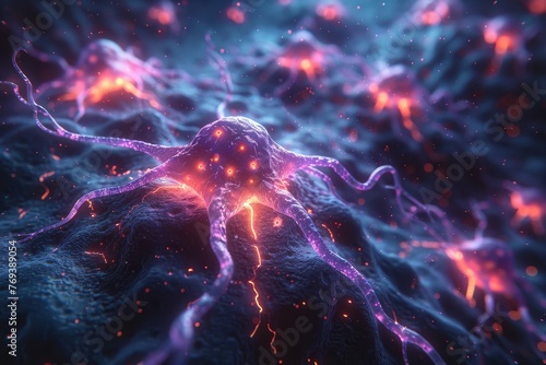 3D Illustration : Neuron cells with light pulses.