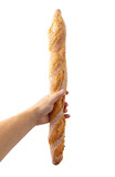 Baguette bread in hand isolated on white background