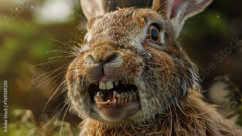 A rabbit with overgrown teeth and drooling, indicating dental issues such as malocclusion or tooth abscesses.  photo