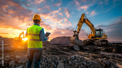 Back view of engineer working on construction site with excavator at sunset photo