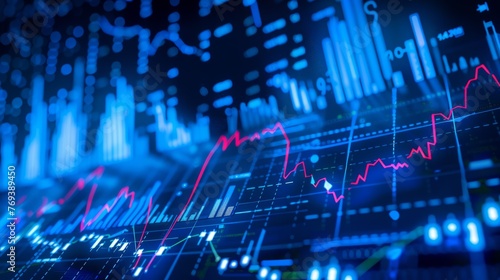 Financial banking concept: background of rising stock market charts reflecting increased interest rates, blue tones © touseef