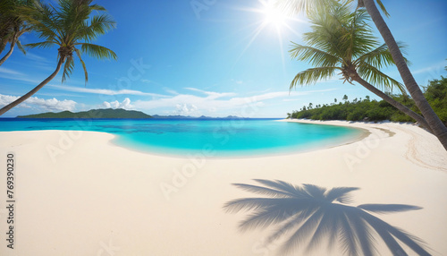 Paradise landscape of a tropical desert island with white sand, crystal clear turquoise water and palm trees colorful background