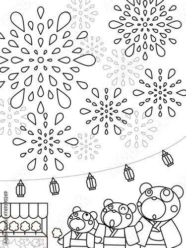 クマ親子の花火大会の塗り絵