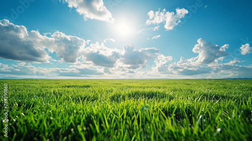 Green grass field under blue sky with white clouds. Nature background. AI.