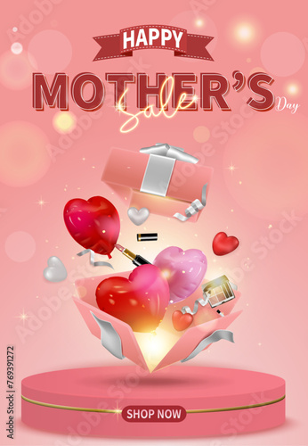 Pink Mother's Day sales guide, open gift box with flying heart balloons and ribbons