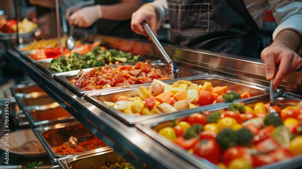 Obraz premium Catering buffet food indoor in restaurant with meat colorful fruits and vegetables 